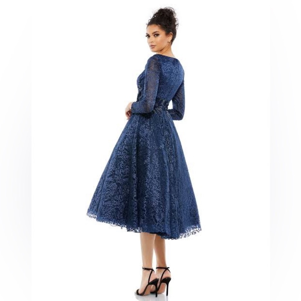 Mac Duggal Long Sleeve Tea Length Dress Navy Lace Beading